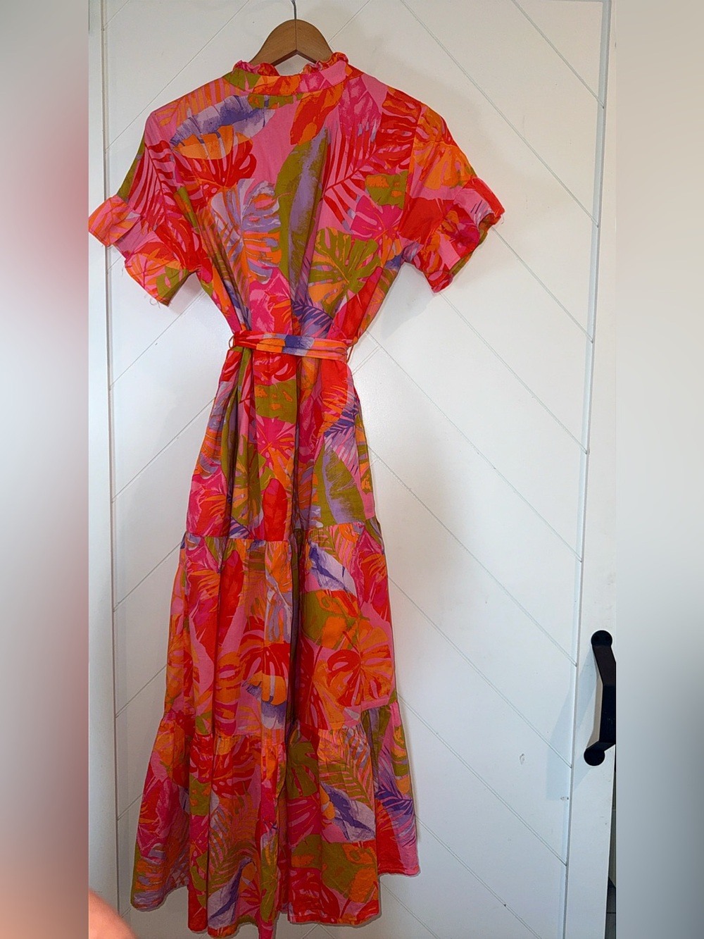 J.Marie $172 Eden Printed Ruffle High Neck Tie Waist A-Line Midi Dress medium - Picture 4 of 11